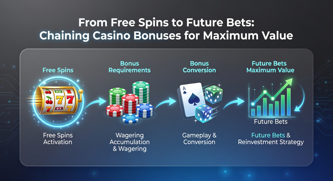 Illustration einer Bonus-Kette mit Icons für Slots, Tischspiele und Sportwetten, verbunden durch Pfeile und Gewinnsymbole