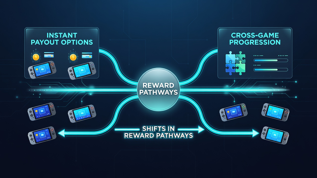 Illustration von Cross-Game-Progression und Auszahlungsflüssen auf mobilen Geräten